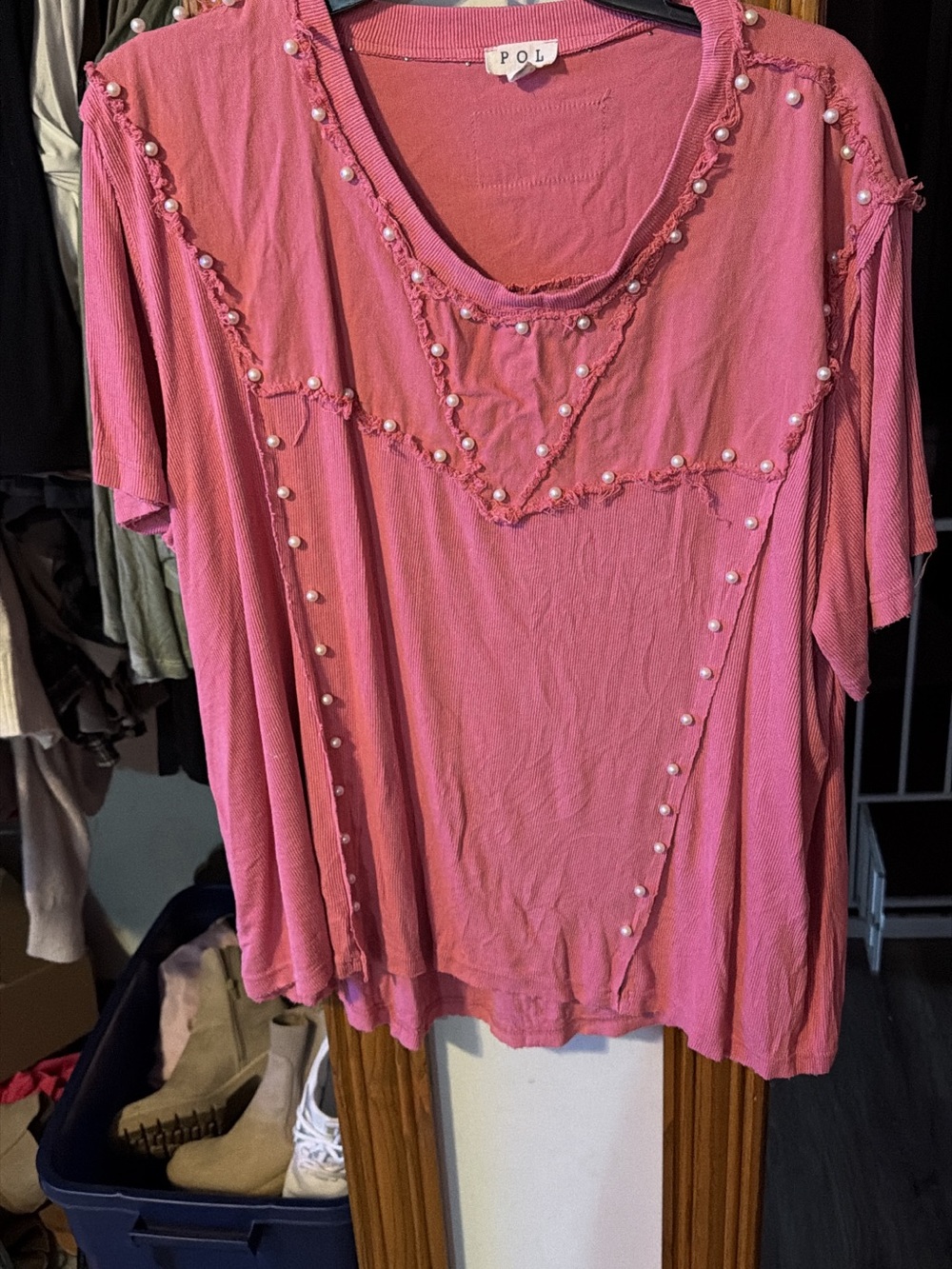 POL Pink Pearl-Trim Short-Sleeve Scoop Top